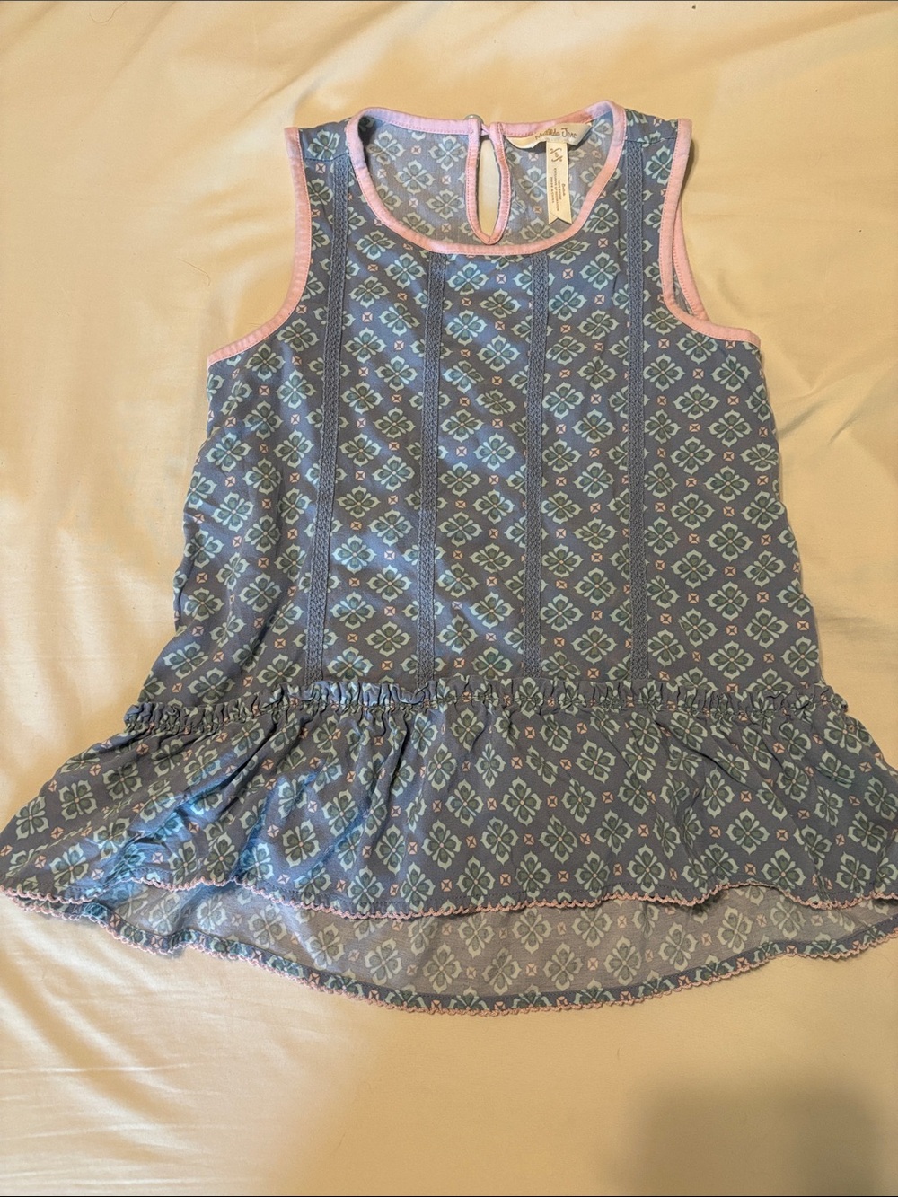 Matilda Jane Girls Sleeveless Peplum Top in Blue with Pink Trim